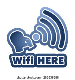 Wi-Fi Here vector illustration sticker. All main elements are well organized and sorted in layers for easy handling. Blue gradient