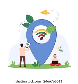 WIFI hot spot, access to wireless public internet connection anywhere. Tiny people connect to free hotspot zone with laptop and smartphone for browsing and data sharing cartoon vector illustration