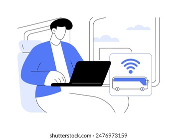 Wi-Fi hot spot isolated cartoon vector illustrations. Young man using smartphone when rides the bus, wireless connection, wi-fi bubbles, urban lifestyle, public transport vector cartoon.