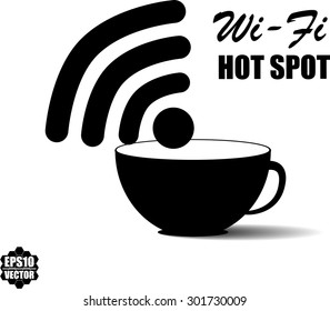 Wifi Hot Spot Sign And Symbol With A Cup Of Coffee. Vector Illustration