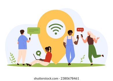 Wifi hotspot access vector illustration. Cartoon tiny people surfing internet near web signal sign, characters using computer, laptop and phones in public zone with free wireless cover for everyone