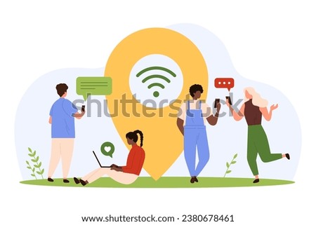Wifi hotspot access vector illustration. Cartoon tiny people surfing internet near web signal sign, characters using computer, laptop and phones in public zone with free wireless cover for everyone