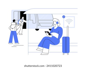 Wi-Fi hotspot at the bus stop abstract concept vector illustration. Woman with smartphone and headphones using Wi-Fi at the city bus stop, urban transportation services abstract metaphor.