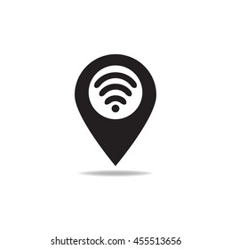 Wifi Hotspot Icon. Drop Shadow Silhouette Map Pointer Symbol. Pinpoint With Wi Fi Network Signal Inside.