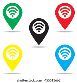 Wifi hotspot icon. Drop shadow silhouette map pointer symbol. Pinpoint with wi fi network signal inside.