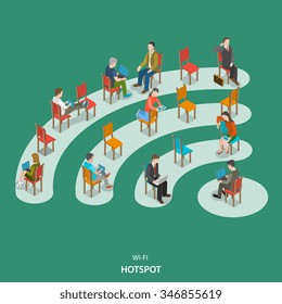 Wi-fi hotspot isometric flat vector concept. People are sitting on the chairs those are located on the wifi sign.