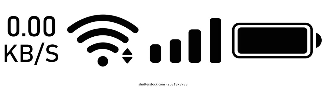 Wi-fi icon, Battery icon, Internet icon, vector set. charging status symbol, Status bar for phone. Vector illustration. 