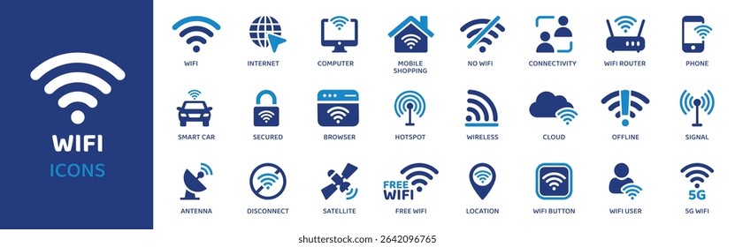 Wifi - Icon Collection. Thin Line Set contains such Icons as Wifi, Signal, Router, Network, Connection, Access, Internet and more. Simple web icons set.