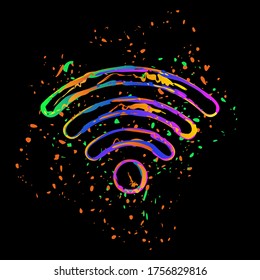 wi-fi icon. Colored ink with splashes on black background