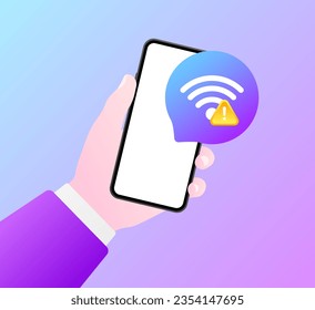Wi-Fi icon with an error. Flat, purple, phone in hand, wi-fi with an error on the phone, phone screen. Vector illustration
