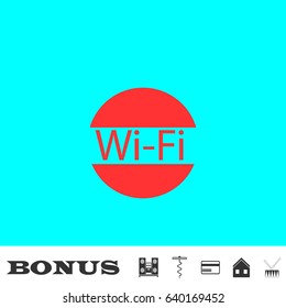 Wifi icon flat. Red pictogram on blue background. Vector illustration symbol and bonus buttons Music center, corkscrew, credit card, house, drum