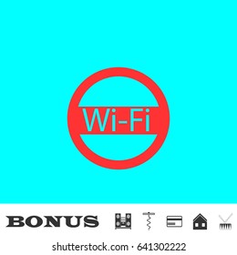 Wifi icon flat. Red pictogram on blue background. Vector illustration symbol and bonus buttons Music center, corkscrew, credit card, house, drum