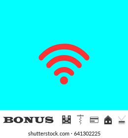 Wi-Fi icon flat. Red pictogram on blue background. Vector illustration symbol and bonus buttons Music center, corkscrew, credit card, house, drum