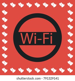 Wifi icon flat. Simple black pictogram on red background with white hearts for valentines day. Vector illustration symbol