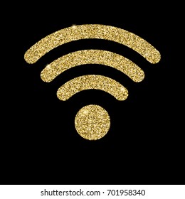 Wi-Fi icon with glitter effect, isolated on black background. Outline icon of wifi, vector pictogram. Symbol from golden particles dust.