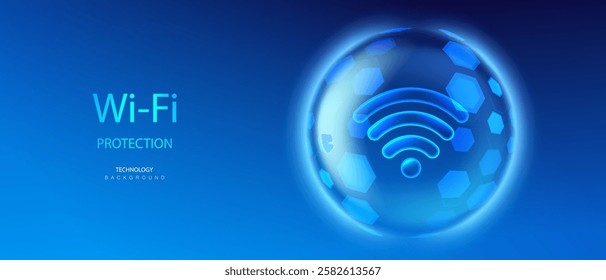 Wi-Fi icon inside transparent protection sphere shield. Hexagon pattern on blue background. Global security wireless wi fi network connection. Vector illustration