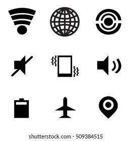 wifi icon, mobile data icon, personal hotspot icon, silent icon, vibrate icon, ring icon, battery icon, aeroplane icon and GPS icon of smartphone on white background