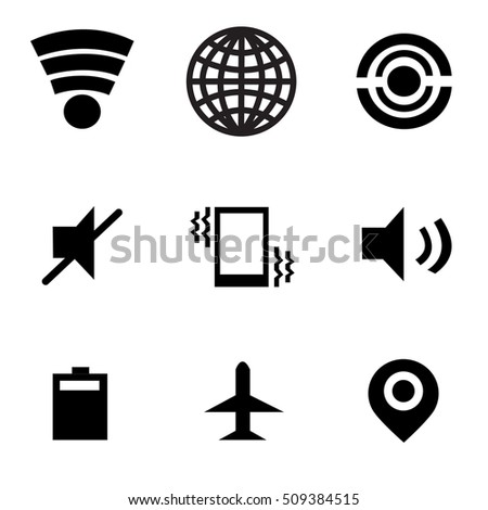 wifi icon, mobile data icon, personal hotspot icon, silent icon, vibrate icon, ring icon, battery icon, aeroplane icon and GPS icon of smartphone on white background