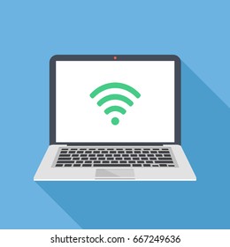 Wi-Fi Icon On Laptop Screen. Wireless Technology, Wifi Connection, Wireless Network, Hotspot Concepts. Modern Flat Design Graphic With Long Shadow. Vector Illustration Isolated On Blue Background