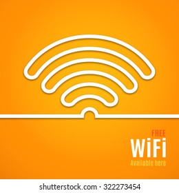 WiFi icon on orange background. Vector illustration for podcast design. Free Wi-Fi available here. Wi Fi symbol line paper. Internet concept. Modern style.