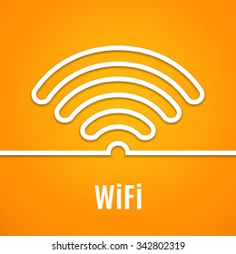 WiFi icon on orange background. Vector illustration for podcast design. Free Wi-Fi available here. Wi Fi symbol line paper. Internet concept. Modern style.