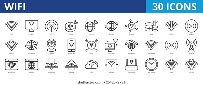 Wifi icon pack collection set for wireless technology networking. With computer, hotspot, router, internet, connection, data, online, connectivity, speed, signal, antenna, broadband, access point