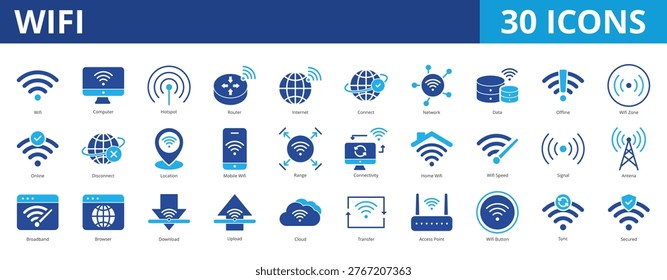 Wifi icon pack collection set for wireless technology networking. With computer, hotspot, router, internet, connection, data, online, connectivity, speed, signal, antenna, broadband, access point