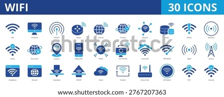 Wifi icon pack collection set for wireless technology networking. With computer, hotspot, router, internet, connection, data, online, connectivity, speed, signal, antenna, broadband, access point