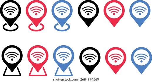  wifi icon with pointer icon set. Geolocation mark on the map. Map marker sign. Map pointer symbol