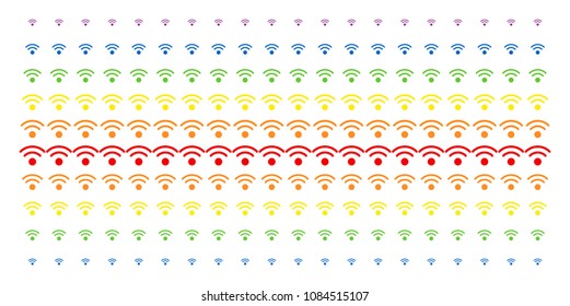 Wi-Fi icon rainbow colored halftone pattern. Vector objects arranged into halftone matrix with vertical spectrum gradient. Constructed for backgrounds, covers, templates and abstraction compositions.