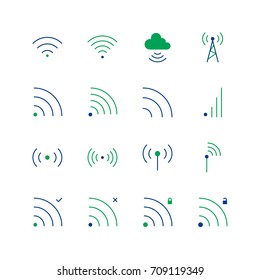 Wi-Fi icon set. Collection of wifi line icons. 16 high quality logo of internet on white background. Pack of symbols for design website, mobile app, printed material, etc.