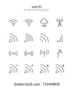 Wi-Fi icon set. Collection of wifi line icons. 16 high quality logo of internet on white background. Pack of symbols for design website, mobile app, printed material, etc.
