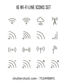 Wi-Fi icon set. Collection of wifi line icons. 16 high quality logo of internet on white background. Pack of symbols for design website, mobile app, printed material, etc.