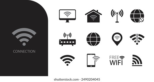 Wifi icon set. Containing online, signal, wireless, internet, computer, connect, hotspot, offline, wifi router and etc. Vector solid icons collection.