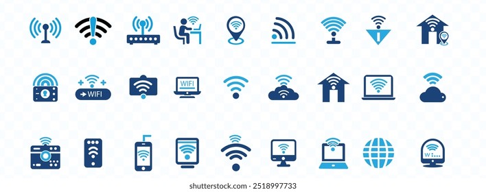 Conjunto de iconos WIFI. Contiene en línea, señal, inalámbrico, Internet, computadora, conectar, hotspot, fuera de línea, esposa router y más. Iconos sólidos de Vector