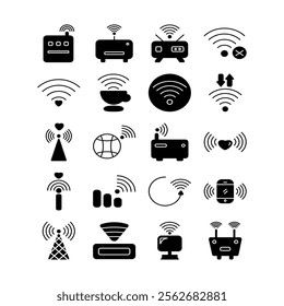 Wifi icon set. Containing online, signal, wireless, internet, computer, connect, hotspot, offline, wifi router and more. Vector solid icons collection.