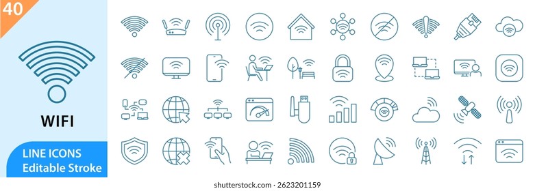 Conjunto de iconos de Wifi. Conteniendo en línea, señal, inalámbrico, Internet, y más. Conjunto de iconos de línea relacionados con la radio, Internet, ordenador, router wifi. Ilustración vectorial. carrera editable.