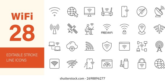 Ícone de WiFi definido. Contendo online, sinal, sem fio, internet, computador, conectar, hotspot, offline, roteador wifi, modem, antena, satélite e muito mais. Ícones de linha editáveis. Ilustração vetorial.