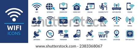 Wifi icon set. Containing online, signal, wireless, internet, computer, connect, hotspot, offline, wifi router and more. Vector solid icons collection.