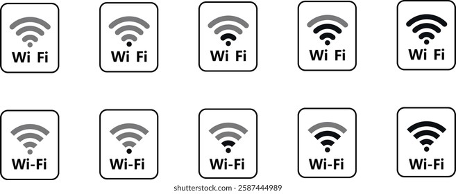 WiFi Icon Set: Set of Wi-FI icons indicating signal and Strength on a White background—vector illustration—isolated