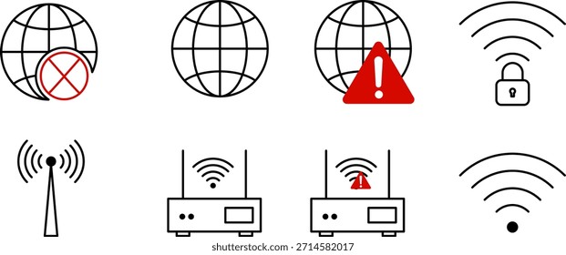 Wifi icon set. Internet Network Error and Warning Alert Icons editable stroke