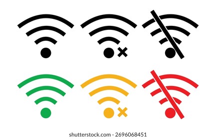 Wifi icon set. No internet access crossed out symbol. Wireless network icon. Wifi internet no access error icon sign.