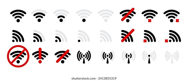 WiFi icon and wi-fi icon set. No wifi and without wi-fi. Different levels of Wi Fi signal collection. Wi Fi and hotspot icon. Vector.