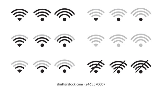 WIFI icon set. No WIFI and without wi-fi. Different levels of Wi Fi signal collection. Wi Fi and hotspot icon. Vector.