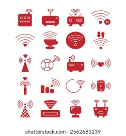 Wifi icon set red color. Containing online, signal, wireless, internet, computer, connect, hotspot, offline, wifi router and more. Vector solid icons collection.