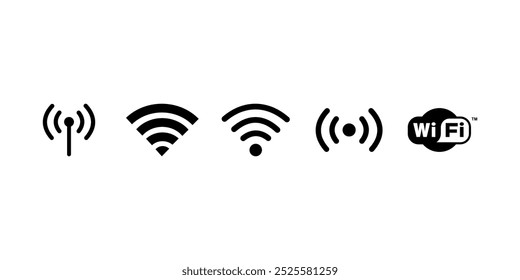 Conjunto de ícones Wi-Fi representando o acesso sem fio à Internet. Inclui vários símbolos Wi-Fi para conectividade remota e acesso à rede. Ideal para conceitos de negócios e tecnologia. Ilustrações vetoriais.