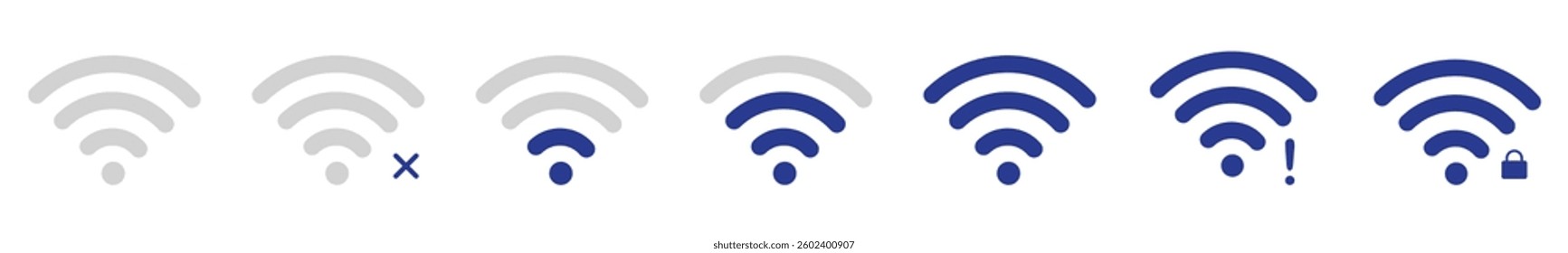 Wifi icon set showing multiple signal levels from no connection to full strength, including error, low signal, and secure network indicators.