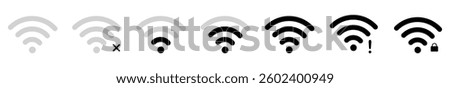 Wifi icon set showing multiple signal levels from offline and error states to weak, medium, and full-strength wireless connectivity.