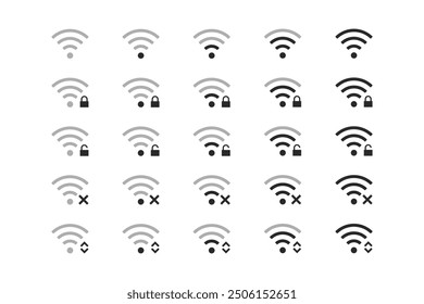 WiFi Icon Set – Signal Strength, Lock, Error, and Connection Status Symbols