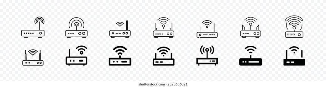 Conjunto de ícones Wifi. ícones de vetor de sinal. Vetor de ícone sem fio, roteador wifi - ícones de vetor, conjunto de ícones de linha de modem Wifi. ícone de linha de conceito de roteador wifi. conjunto de ícones de roteador. ícones de vetor de sinal. Sinal sem fio